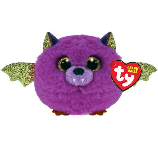 A plush toy resembling a purple bat with green wings, designed for young children.