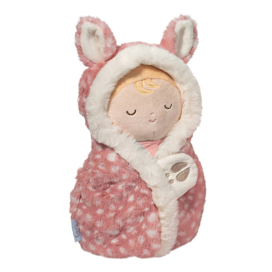 Baby Fawn Hug-Toys-Douglas-Brimming over with fantasy and charm, this gentle woodland creature has been reimagined as a lovable swaddle accessory for our Baby Fawn Hug soft doll! Get lost in hours of play with this sweet Baby and her luxuriously soft Fawn themed swaddle. Pink plush with dapples of white imitate the spotted coat of a baby deer, while an embroidered hoof print accents the easy to use closure. Detailed with a white tail and ears, it’s design will bring a smile to your little one’s face and kee