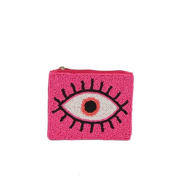 Ladies Fully Beaded Fuchsia Evil Eye Theme Coin Purse, Coin Purse