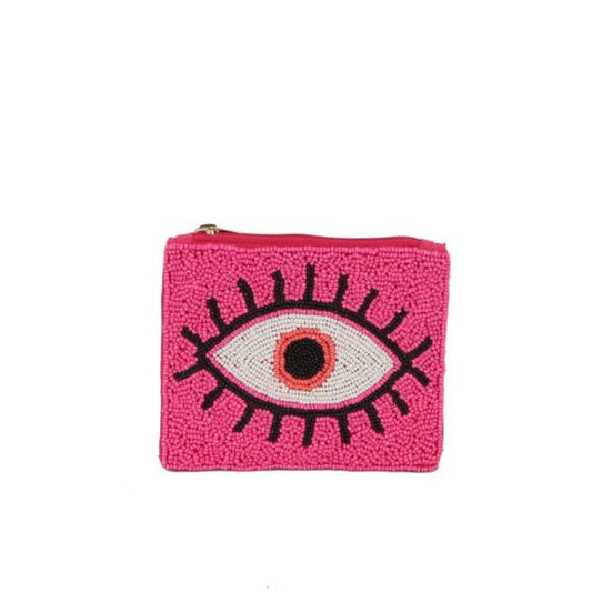 Ladies Fully Beaded Fuchsia Evil Eye Theme Coin Purse, Coin Purse
