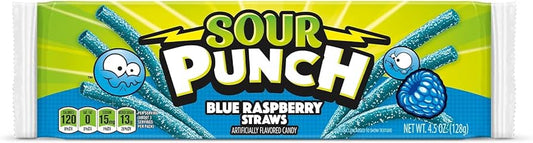 A package of Sour Punch Straws with Blue Raspberry flavor. The packaging is bright with green and purple colors, featuring images of the candy straws and the Sour Punch logo.