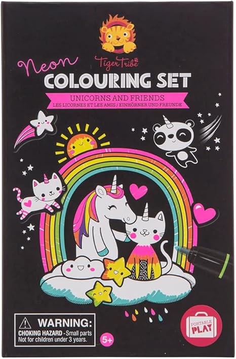 Neon Colouring Set - Unicorns-Toys-Tiger Tribe-NEON COLORING! Immerse yourself in a kaleidoscope of neon hues that breathe life into every page of your coloring adventure. From electric blues to neon pinks, let your creativity shine as you bring each artwork to vivid, eye-catching life. INCLUDES: 36x coloring-in pages, 2x handy storage drawers, 3x sheets of stickers, 3x quality double sided markers. The handy storage box features a magnetic closure making it easy for little hands to open and close. PORTABLE