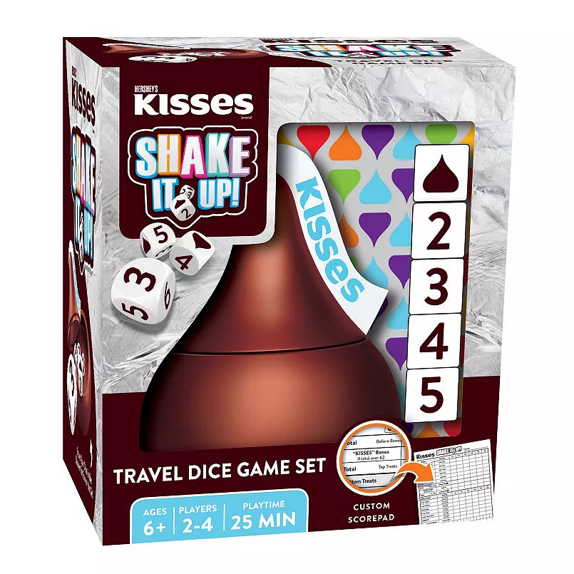 Hershey's Kisses Shake It Up!-Toys-MasterPieces-Product Details This MasterPieces Hershey's Kisses Shake it Up! Dice Game is a collectible travel dice game for chocolate fans! PRODUCT FEATURES This sweet-rolling dice game is perfect for having chocolatey fun at home with the family Try to get as many points as possible by rolling different combinations of all five dice WHAT'S INCLUDED 1 Hershey's Kisses dice cup, 5 Hershey's Kisses dice, and a Hershey's Kisses score pad PRODUCT DETAILS Imported Wipe clean F