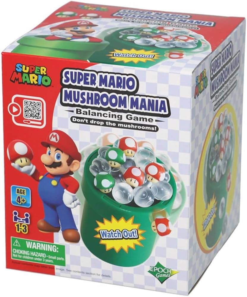 Super Mario Mushroom Mania balancing game packaging with Mario character on a white background