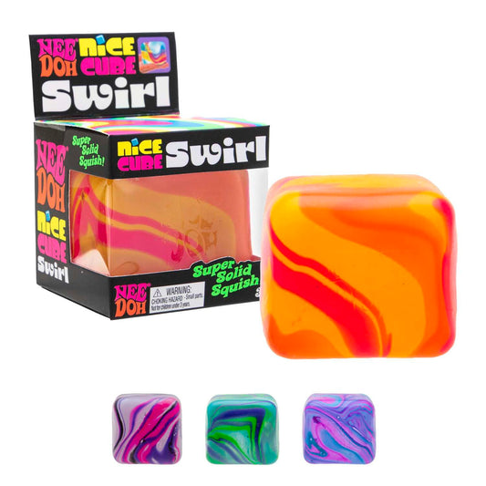 A collection of colorful square-shaped toy cubes with swirl patterns, displayed in a pack and individually.
