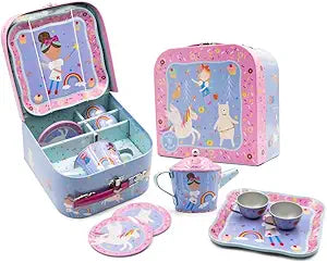 Rainbow Fairy 7pc Tin Tea Set-Toys-Floss and Rock-Our Rainbow Fairy 7 Piece Tea Set is the perfect excuse for an afternoon tea party. The brightly coloured box contains illustrations of fairies, unicorns and hula hooping bears. Inside you’ll find one teapot, two cups, two saucers and one tray (a great way to present your afternoon tea to guests!) This is a lovely gift for little ones which will encourage imaginative play or playing with friends. The tea set’s pretty box comes with a carry handle making it e