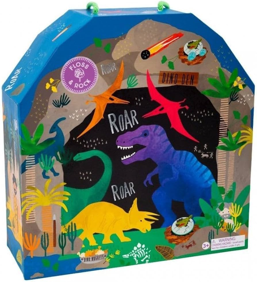 Dino Playbox-Toys-Floss and Rock-This prehistoric Dinosaur Play Box is perfect for on-the-go! Inside the reusable box you’ll find multiple areas of Jurassic jungle to play in. Imaginations will run wild with 18 double sided wooden pieces (two of which are actually dinosaurs on skateboards and can whizz around on wheels!) Discover cave people, dinosaurs and a speedy stegosaurus - the creative play ideas go on and on! Once you’re ready to return to the present day, you can keep all your characters safe in the