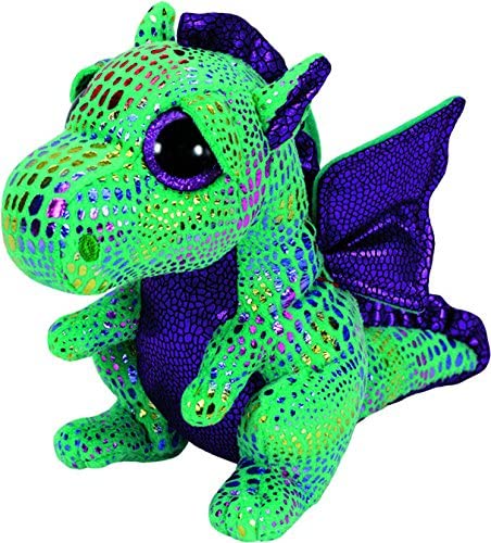 A plush toy depicting a green dragon with purple wings and sparkly texture.