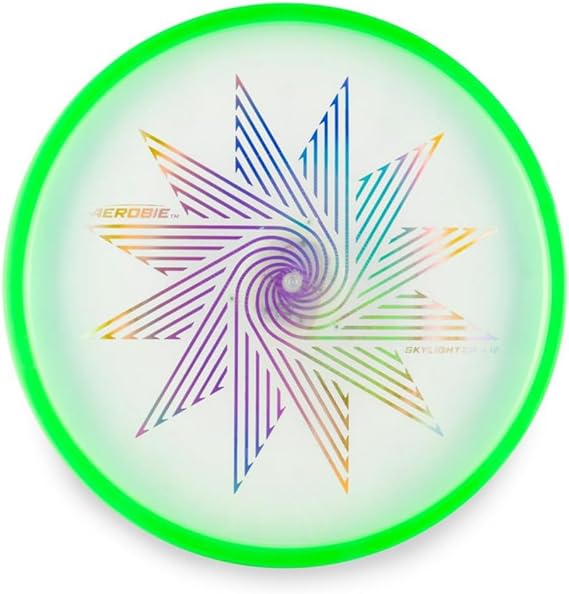 A green Aerobie Skylighter 12 Ultimate Flying Disc with a colorful star pattern in the center.