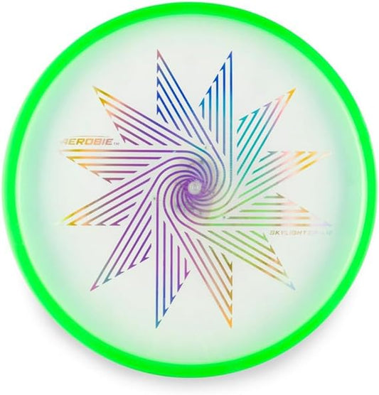 A green Aerobie Skylighter 12 Ultimate Flying Disc with a colorful star pattern in the center.