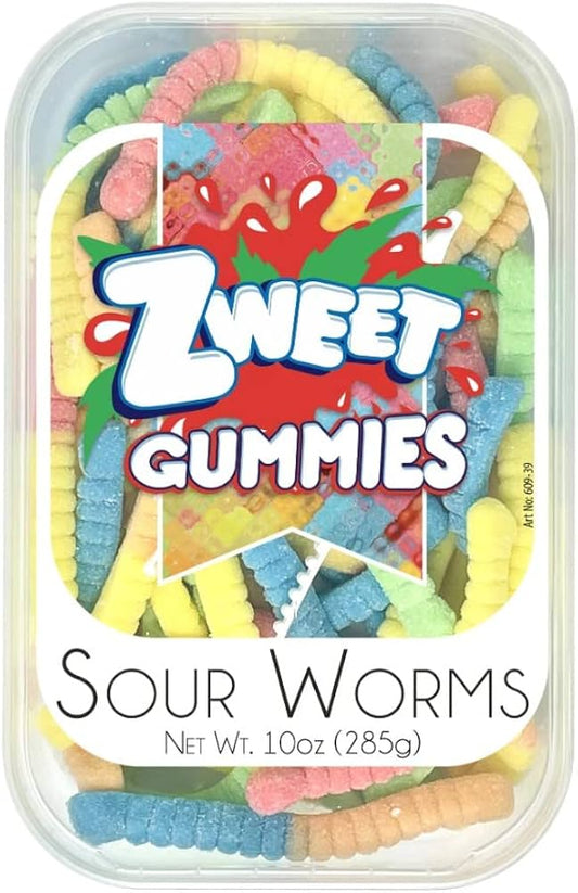 A container of Zweet Gummy Worms labeled as 'Sour Worms', with visible colorful gummy candies inside the clear plastic container. The label indicates the product is made in Turkey and has Halal certification.