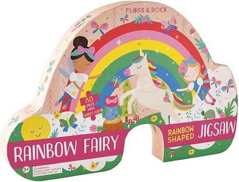 Rainbow Fairy Rainbow Shaped 80-Piece Puzzle-Toys-Floss and Rock-Not only is the box shaped, so is the jigsaw! This adorable 80-piece fantasy inspired puzzle forms the shape of a rainbow, measuring 23 x 15 in. Both the box and the individual pieces feature foiling detail to give this gift an extra special touch. This jigsaw box looks great on a shelf when not in use. For ages: 3+ years.-Kidz Toys