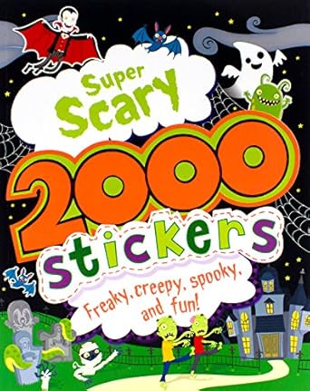 A package of 'Super Scary 2000 Stickers' featuring cartoon images of ghosts, skeletons, and other spooky characters on a dark background with a rainbow-colored banner saying '2000 Stickers'.