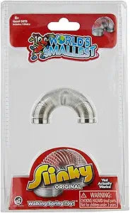 The product image shows the packaging of the World's Smallest Slinky. The toy is visible through a clear plastic window, and the package is primarily red and white with text and the Slinky brand logo.
