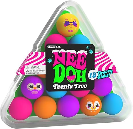 A package of NeeDoh Teenie Tree squeeze toys featuring 15 colorful, tree-shaped silicone balls with a brand and product name displayed at the top.