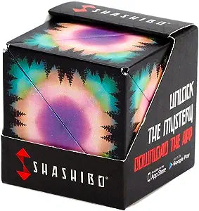 A SHASHIBO CUBE MOON puzzle box with a colorful, abstract pattern design.