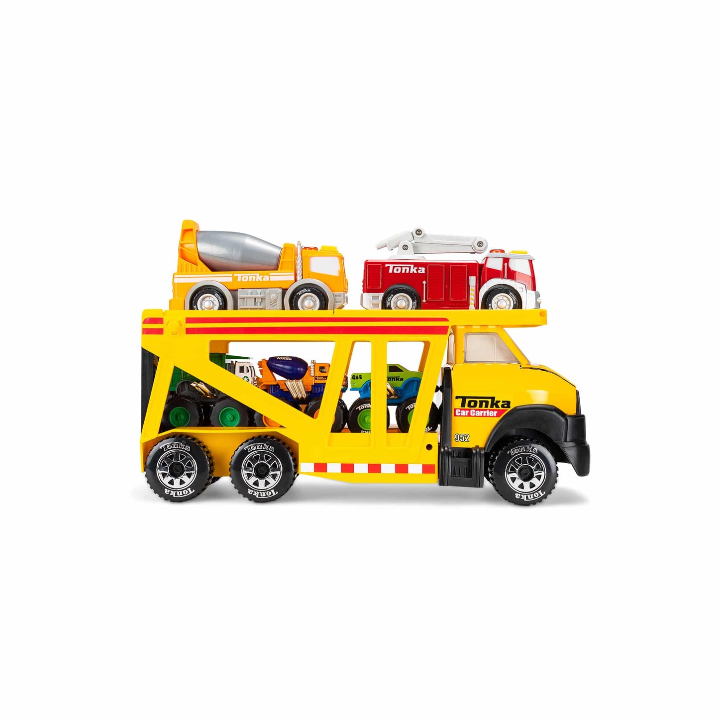 A yellow Tonka steel classic car carrier with a fold-down tailgate, loaded with various toy vehicles on the top.