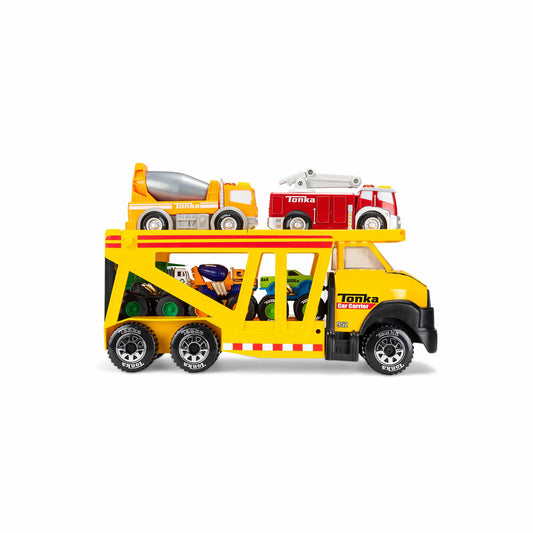 A yellow Tonka steel classic car carrier with a fold-down tailgate, loaded with various toy vehicles on the top.