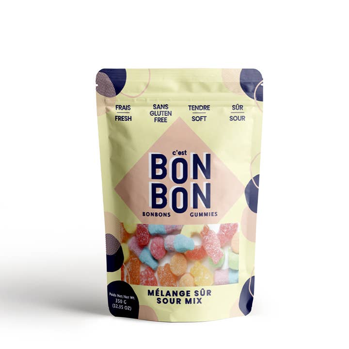 A package of Sour Mix gummy candies by Bon Bon Gummies, showing various colorful gummy shapes.