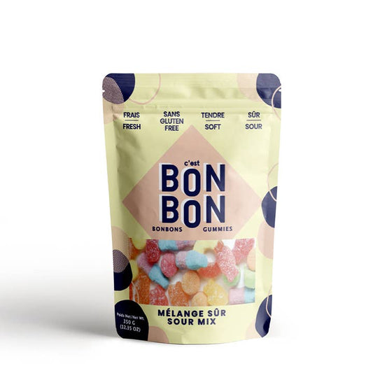 A package of Sour Mix gummy candies by Bon Bon Gummies, showing various colorful gummy shapes.