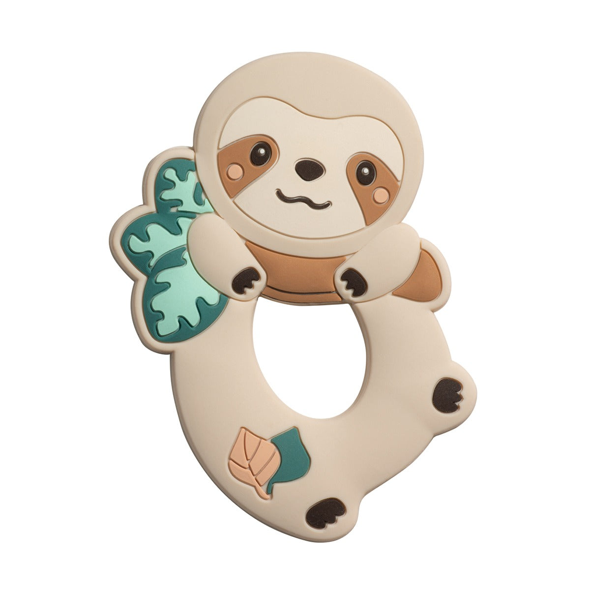 A silicone teether in the shape of a sloth with beige and brown coloring and green leaf patterns.