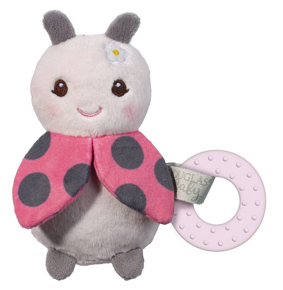 Lia Ladybug Playtivity Rattle-Toys-Douglas-Let our Lia the plush Ladybug Playtivity Rattle lead the way to sunny days with her fanciful design! Give her a little shake to hear the rattle or let Baby soothe away those pesky teething pains with the attached silicone teether ring. Her playful polka dotted wings contain crinkle material to further stimulate Baby’s senses. Lia’s bright eyed expression and flower accent have all been depicted in embroidered details for safety, while gentle, pink airbrushing bring
