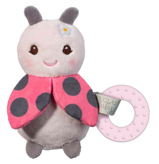 Lia Ladybug Playtivity Rattle-Toys-Douglas-Let our Lia the plush Ladybug Playtivity Rattle lead the way to sunny days with her fanciful design! Give her a little shake to hear the rattle or let Baby soothe away those pesky teething pains with the attached silicone teether ring. Her playful polka dotted wings contain crinkle material to further stimulate Baby’s senses. Lia’s bright eyed expression and flower accent have all been depicted in embroidered details for safety, while gentle, pink airbrushing bring