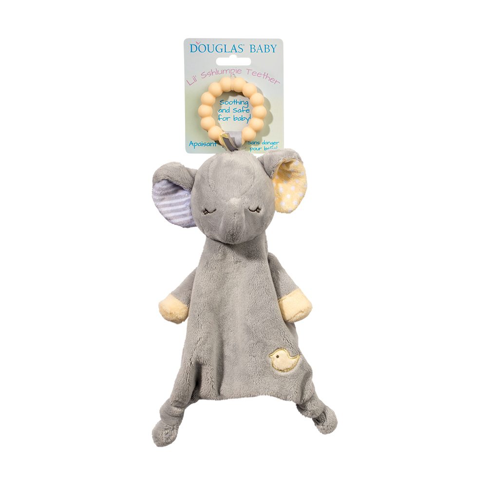 Joey Gray Elephant Teether-Toys-Douglas-Polka dots or stripes, there’s no need to choose just one when you have our soothing Joey the Elephant Teether! With its fun patterns and pastel yellow accents, this plush toy features a sophisticated and playful design. Cozy gray materials chosen for their softness make this cuddly stuffed animal extra lovable and a pale yellow teether ring made of safe 100% silicone offers welcome relief from Baby’s teething pains. Baby-safe embroidered details and a tiny applique b