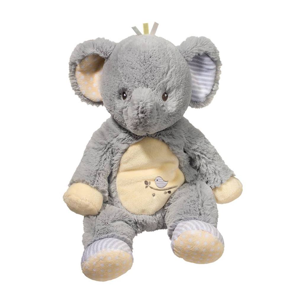 Joey Gray Elephant Plumpie-Toys-Douglas-Wrinkles and rolls of luxuriously soft fabrics make Joey the Sweet Little Gray Elephant Plumpie positively irresistible! We’ve paired cuddly gray plush fur with pastel polka dots and stripes to create a sophisticated soft friend for Baby. This little Elephant features baby-safe embroidered eyes and decorative ribbon accents atop his head to engage Baby’s senses. The understuffed body of this playful pachyderm gives him the endearing slouch our ultra huggable Plumpie s