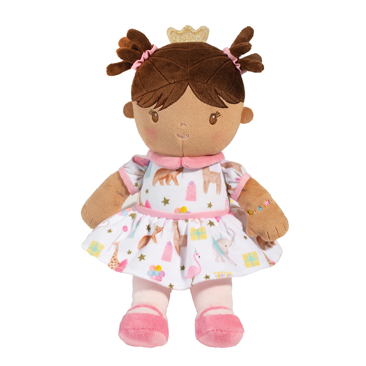 Natalee Birthday Party Soft Doll-Toys-Douglas-Birthdays come but once a year and Natalee, our plush Birthday Doll, has big plans to make the most of it! Her dress features a whimsical menagerie of animals, gifts, and party balloons with small gold stars interspersed throughout the pattern. Natalee’s shoes match the pink accents of her dress, and she wears a shimmery golden crown atop her head to denote her birthday girl status. From her lively facial expression to the small bracelet on her wrist, all of Nat
