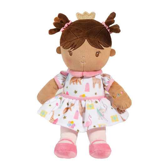 Natalee Birthday Party Soft Doll-Toys-Douglas-Birthdays come but once a year and Natalee, our plush Birthday Doll, has big plans to make the most of it! Her dress features a whimsical menagerie of animals, gifts, and party balloons with small gold stars interspersed throughout the pattern. Natalee’s shoes match the pink accents of her dress, and she wears a shimmery golden crown atop her head to denote her birthday girl status. From her lively facial expression to the small bracelet on her wrist, all of Nat