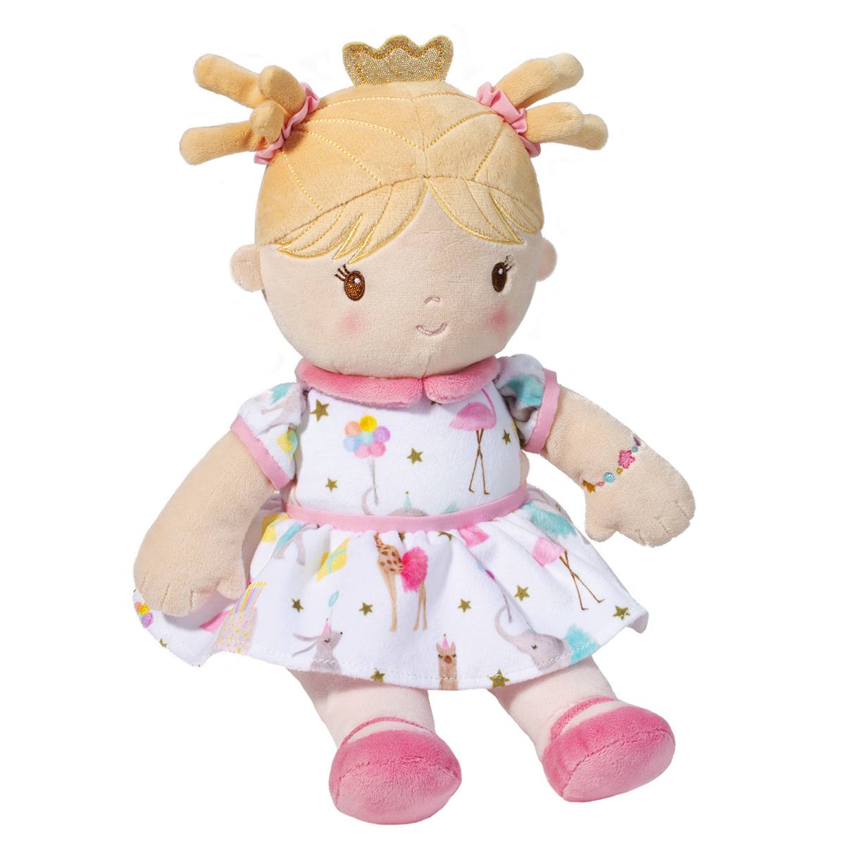 Jubilee Birthday Party Soft Doll-Toys-Douglas-Nobody knows how to celebrate a birthday better than Jubilee, our plush Birthday Doll! This soft friend wears a lighthearted dress patterned with animals in tutus and party hats. Stars, balloons, and wrapped presents complete the whimsical design. She wears rosy pink shoes and a colorful embroidered bracelet on her left wrist. But Jubilee’s favorite accessory is a special birthday crown with an alluring iridescent shimmer. With a plump, huggable design and light