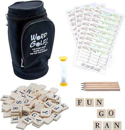 Word Golf word game with letter pieces, game cards, timer, pencils, and travel bag