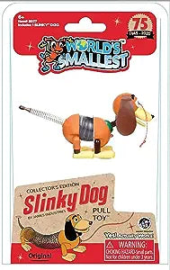 The product image shows the World's Smallest Slinky Dog toy in its packaging. The toy is designed to look like a classic pull-along dog with a spring for a tail, and it's orange, black, and white in color.