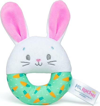 Ms. Rachel Hop Little Bunny Sensory Ring-Toys-Spin Master-About this item OFFICIAL MS. RACHEL BABY TOYS: Delight your infant with this soft rattle inspired by the viral song "Hop Little Bunnies,” enhancing development and offering teething relief for ages 3 months and up. TACTILE STIMULATION: Soft, 100% BPA-free GUND baby plush with varied textures for sensory enhancement. Ideally sized, circular design for small hands, and “chewable” ears for teething relief. COMMUNICATION SKILLS: Sing "Hop little bunnies,