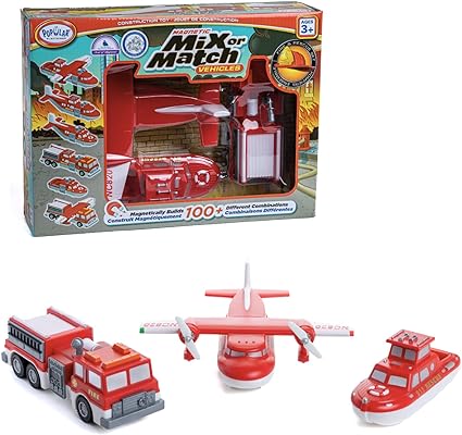 Magnetic Mix or Match Vehicles Fire & Rescue-Toys-Renee Levine Sales-MAGNETIC TOYS: Put together an amazing law enforcement team when you build an armored car, police car and helicopter and then mix up the pieces to build dozens of different vehicle combinations! IMAGINATIVE PLAY: Create the vehicle of your dreams with the amazing toy that lets you imagine all the possibilities. Ever wanted to mix a chopper with a car? You can with Mix or Match Vehicles! FUN AND EASY TO CREATE: Our magnetic locking system m