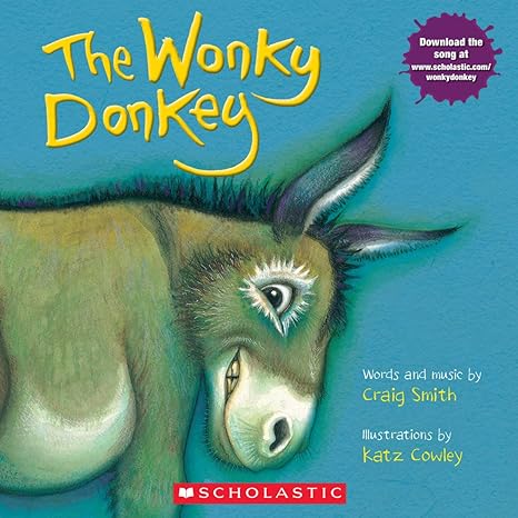 Cover of 'The Wonky Donkey' book featuring an illustration of a green donkey with large eyes and a playful expression.