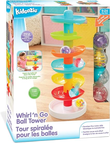 A colorful Kidoozie Whirl 'n Go Ball Tower toy with multiple levels, packaged in a box showing an image of a child playing with it.