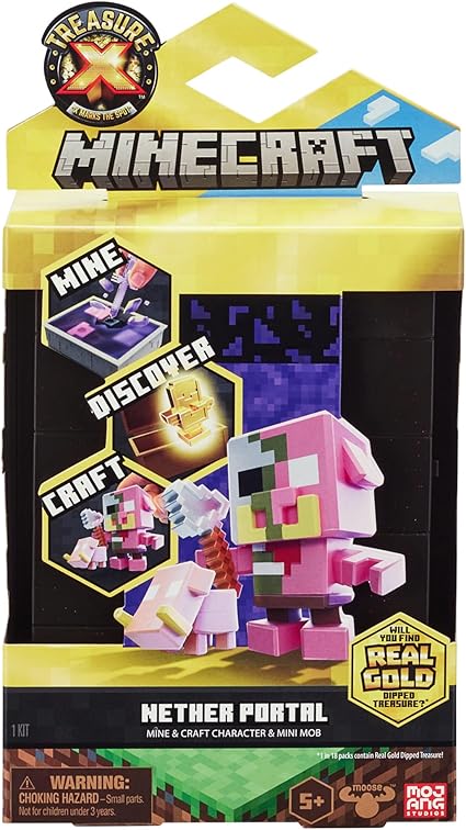 Packaging for Treasure X Minecraft Nether Portal toy set featuring images of Minecraft characters and a pig with a pink and yellow buildable character on the front.