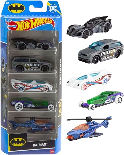 Mattel Hot Wheels Batman 5 pack-Toys-Enchanted Moments-The Hot Wheels Batman 5-Pack delivers 5 awesome Batman-themed vehicles for fans of the DC Super Hero. Each 1:64 scale vehicle features authentic details and decos. Recreate epic chase sequences from the franchise or invent stories inspired by the fan-favorite comic. With striking designs reminiscent of Batman himself, this 5-pack is great for play or display. Makes an awesome gift for both the consummate and casual Batman or Hot Wheels fan.-Kidz Toys