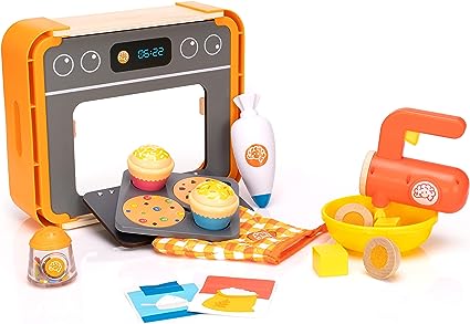 PRETENDABLES BAKERY SET-Toys-Fat Brain Toys-Pretend baking toys with storage crate that doubles as oven Encourages fine motor skills, imaginative play, role play, creativity Pull the trigger on the mixer and the beaters spin Egg halves and butter chunks connect with hook-and-loop fastener Features 2 cupcakes with serving plate-Kidz Toys