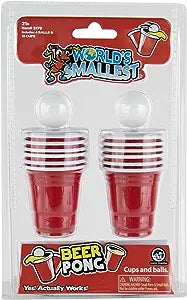 The product image shows a package containing the World's Smallest Beer Pong set which includes red miniature cups and balls.