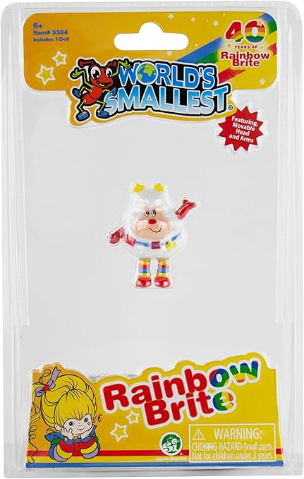Packaged 'World's Smallest Rainbow Brite' toy, featuring the character and her friend Twink in a clear plastic blister pack with a yellow and colorful label.