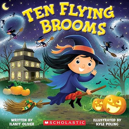 Cover of the children's book 'Ten Flying Brooms' featuring an illustration of a child in a witch's outfit riding a broom, with a spooky old house and broomsticks in the background.