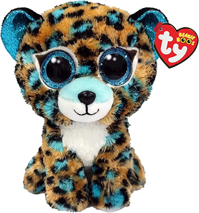 Ty Beanie Boos tan and blue plush leopard with big blue glitter eyes