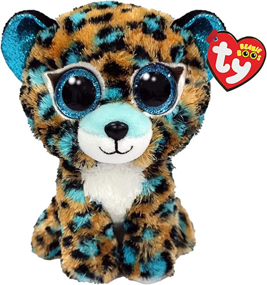 Ty Beanie Boos tan and blue plush leopard with big blue glitter eyes