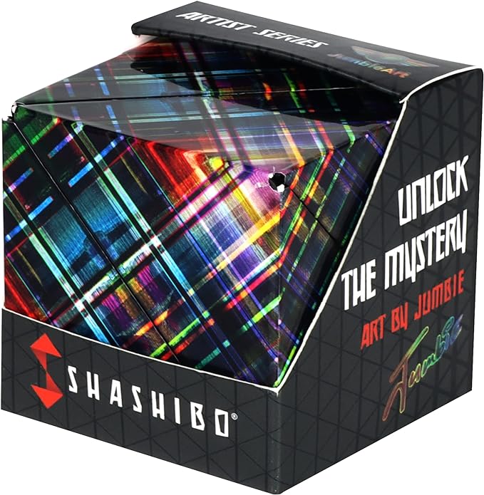 A colorful, geometric patterned box labeled 'Shashibo - Jumbie - Disco Plaid' representing the product.