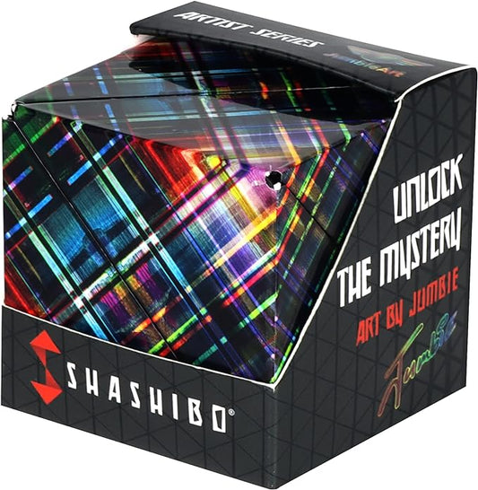 A colorful, geometric patterned box labeled 'Shashibo - Jumbie - Disco Plaid' representing the product.