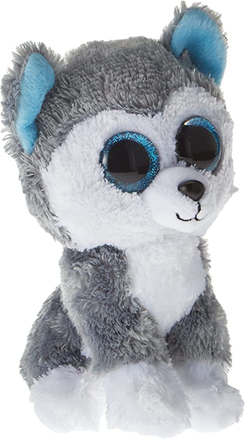 A plush toy resembling a dog with gray body, white fur on the neck and blue ears, from the TY Beanie Boos collection.