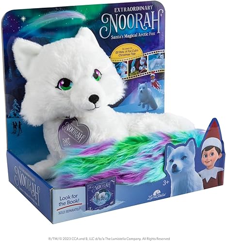 Noorah Extraordinary 9-Inch Deluxe Plush Animal with Northern Lights-Inspired Tail-Toys-CC and B-Santa’s Legendary Arctic Fox: Noorah was a cub like all the others in the polar circle, but she dreamed of being extraordinary. When she gets the magical ability to spark the northern lights, she discovers that even magical gifts must be shared with others to be truly extraordinary. Sparks Imagination: Her northern-lights inspired tail will spark imaginations and excite wonder. It sets the polar lights aglow, pa